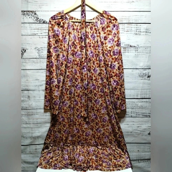 Midi Dress size Large Rust Plum Floral 70's Vintage Handmade Eclectic Unique - Picture 1 of 7
